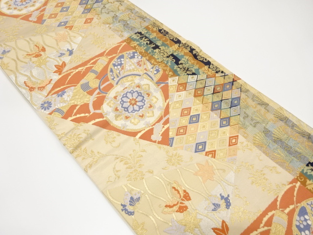 切りばめ風　古楽器に花・古典柄織り出し袋帯